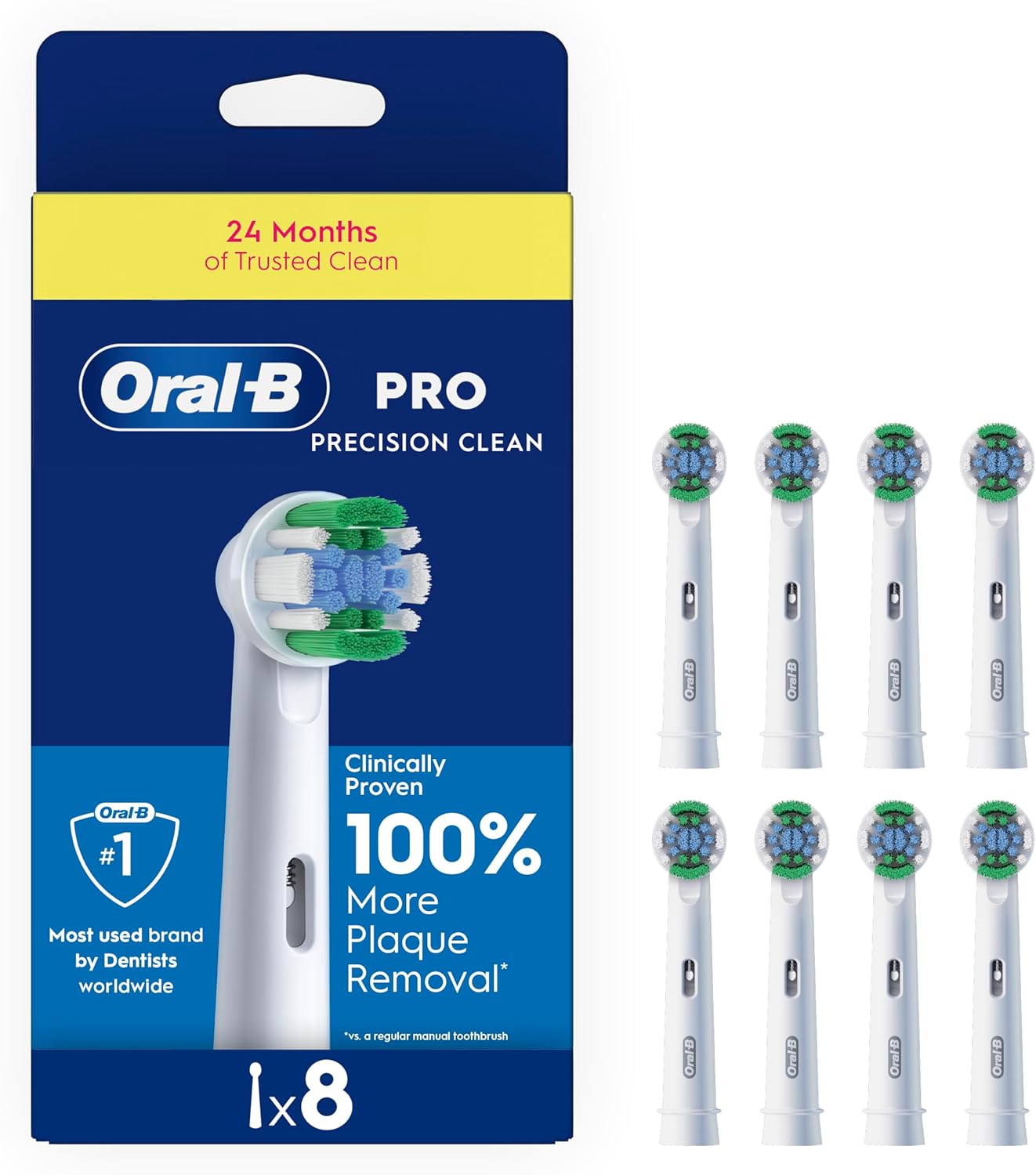 Eight Oral-B Precision Clean replacement toothbrush heads for electric toothbrushes, shown neatly arranged.