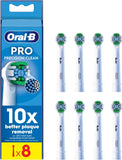 Eight Oral-B Precision Clean replacement toothbrush heads for optimal plaque removal and gentle cleaning.