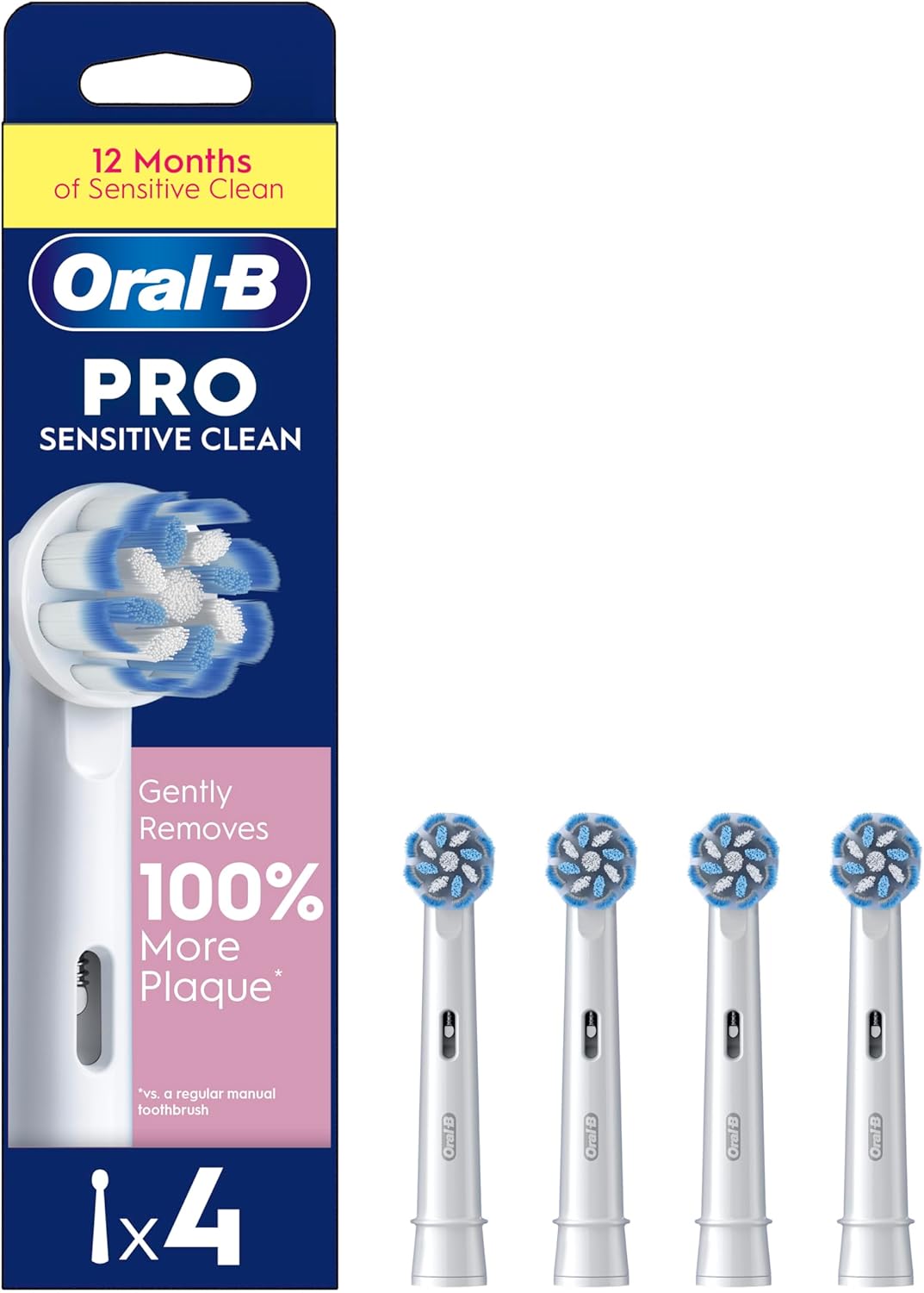 Oral-B Sensitive Clean replacement toothbrush heads, 4-pack, designed for gentle cleaning and oral health.