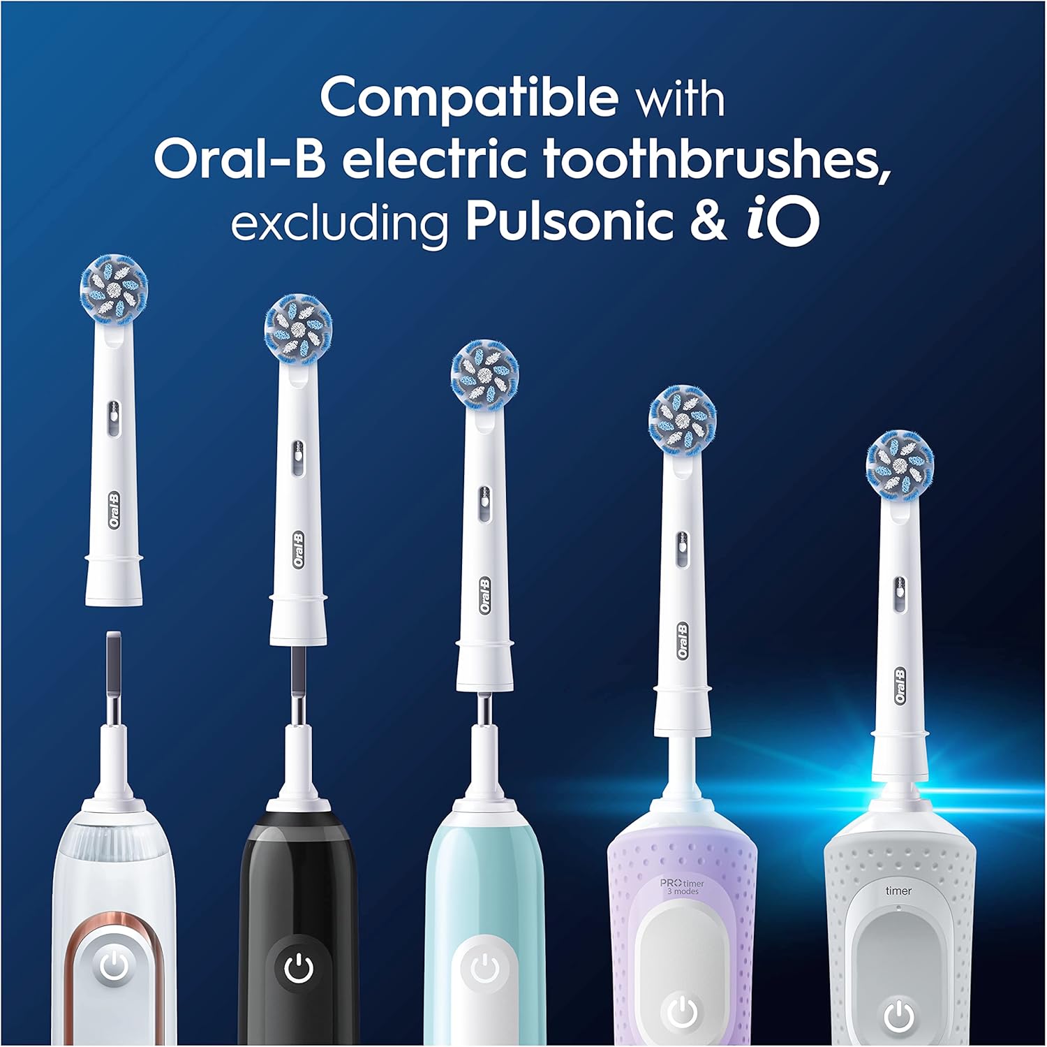 Four Oral-B Sensitive Clean replacement toothbrush heads designed for gentle cleaning and oral health care.