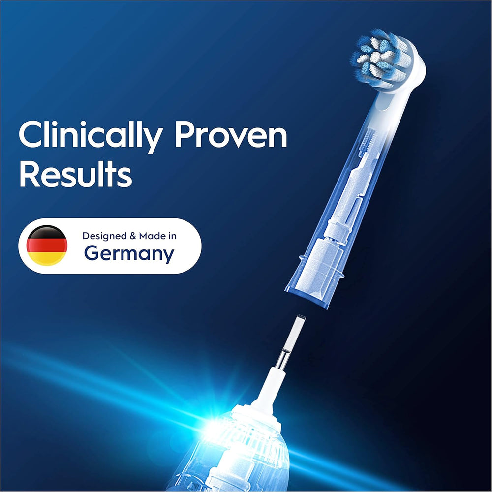 Four Oral-B Sensitive Clean replacement toothbrush heads designed for gentle cleaning and oral health.