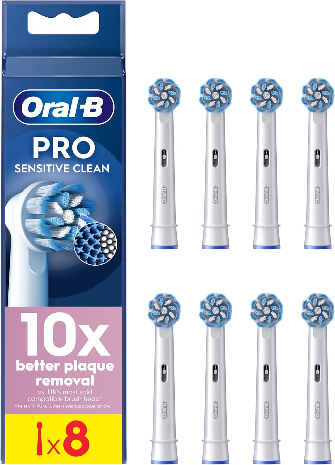 Oral-B Sensitive Clean replacement toothbrush heads, 8-pack, designed for gentle cleaning and compatible with Oral-B electric toothbrushes.