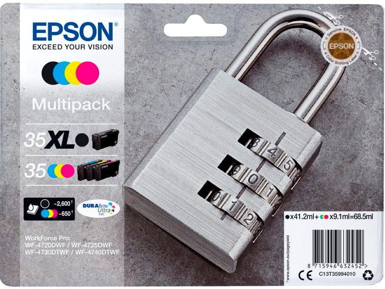 Epson 35/35XL Padlock Black Cyan Magenta Yellow High Capacity Ink Cartridge Multipack 41ml + 3 x 9.1ml (Pack 4) - C13T35994010
