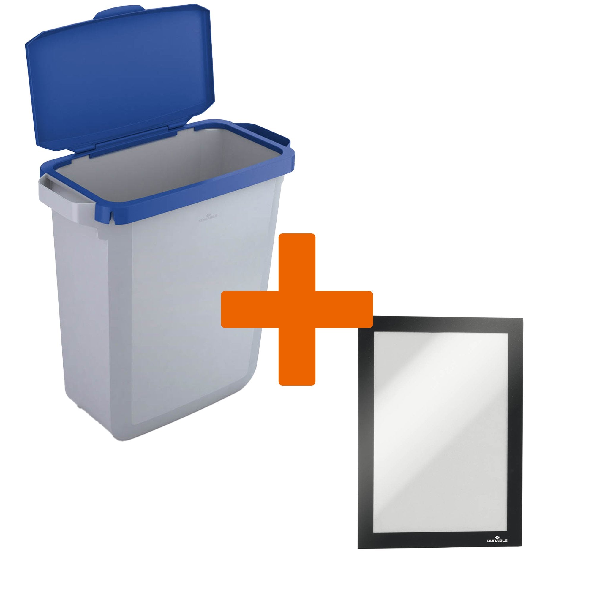 Durable DURABIN Plastic Waste Recycling Bin 60 Litre Grey with Blue Hinged Lid & Black A5 DURAFRAME Self-Adhesive Sign Holder - VEH2023007 DD