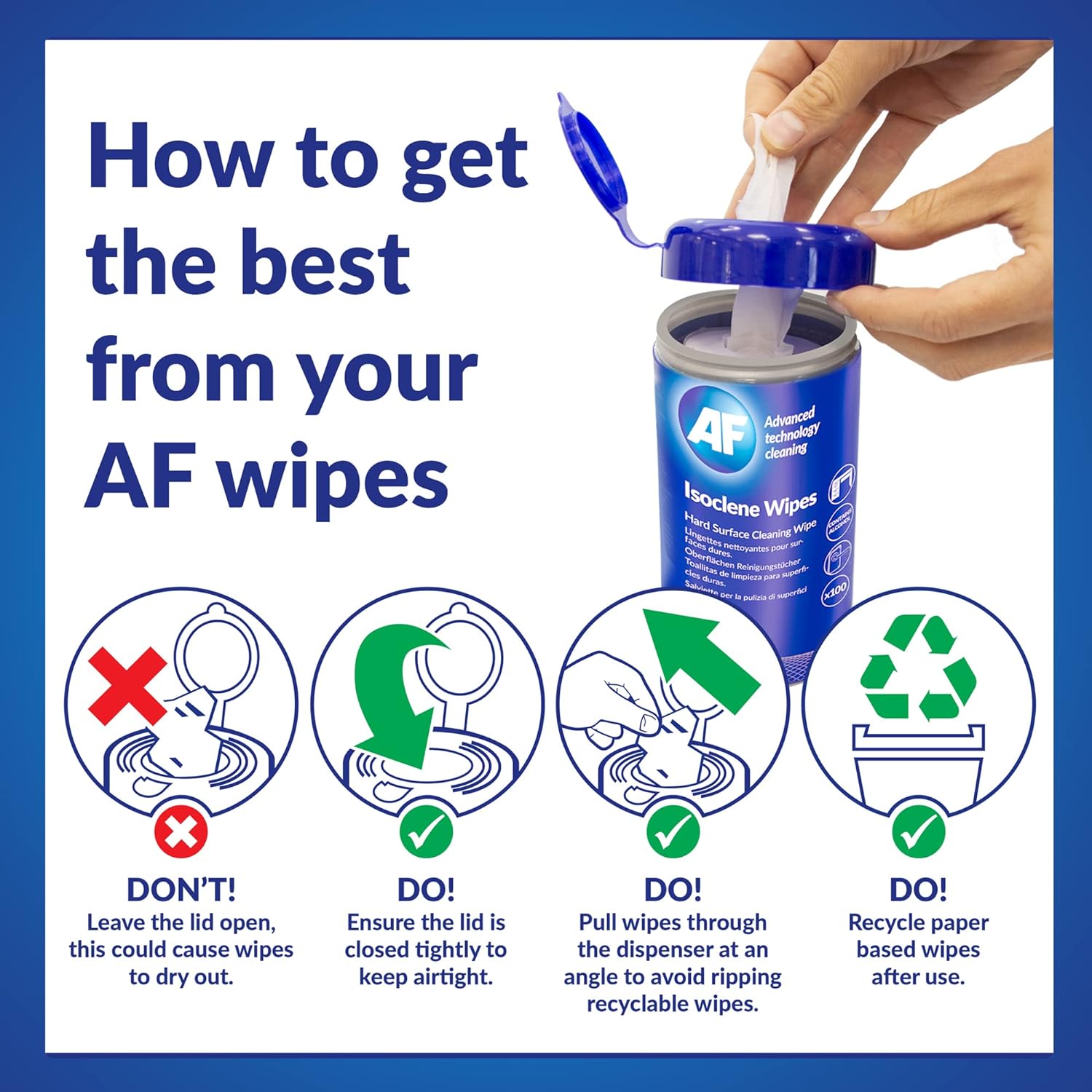 AF Isoclene Wet Isopropyl Alcohol Wipes / Isopropanol IPA Cleaning & Degreasing Wipes � Tub of 100 ideal for electronics, 3D printer, lab technicians