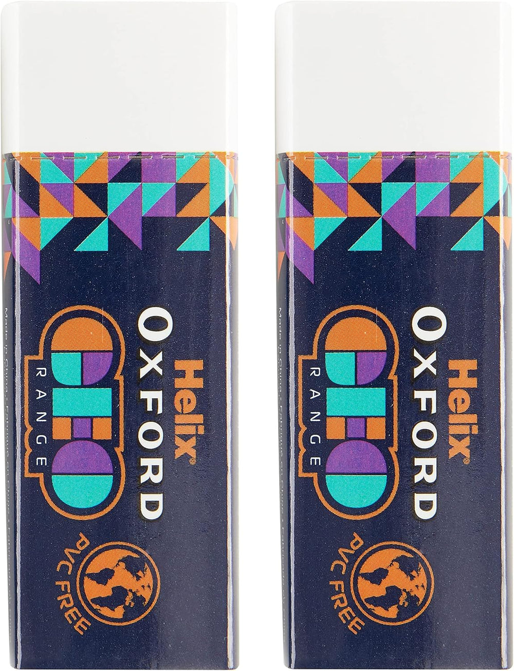 Orange Oxford Geo Twin Pk erasers, rectangular plastic erasers with geometric design, designed for precise and clean erasing.