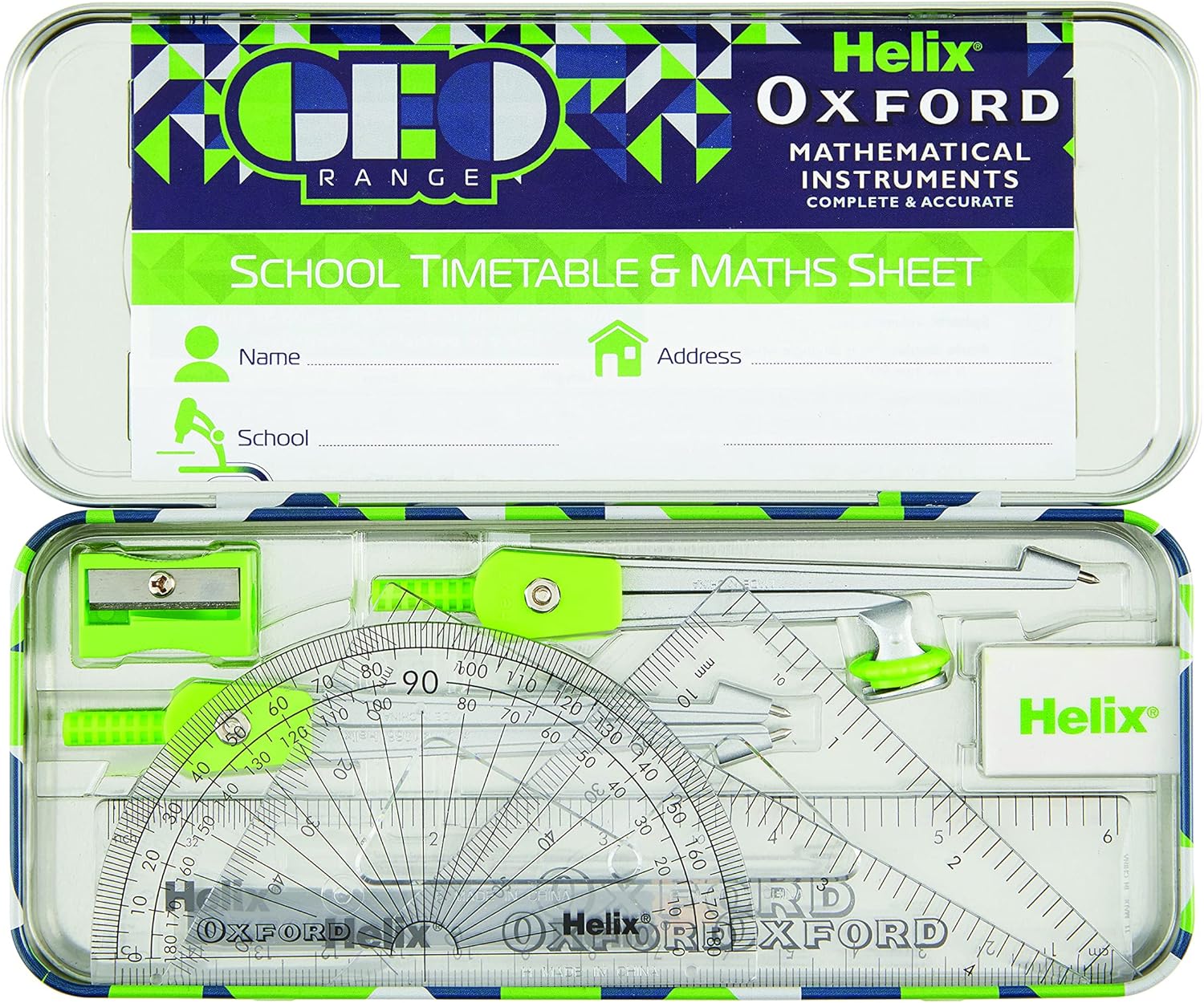 Green Helix Oxford Geo Maths Set with rulers, compasses, and geometry tools for students.