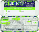 Green Helix Oxford Geo Maths Set with rulers, compasses, and geometry tools for students.