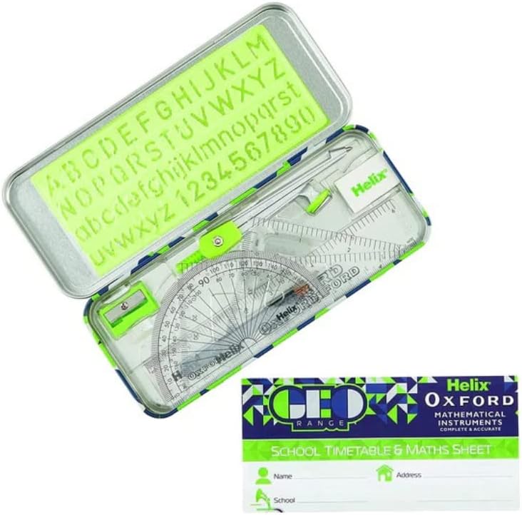 Green Helix Oxford Geo Maths Set with geometric tools and rulers, designed for students and math enthusiasts.