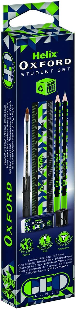 Oxford Helix Oxford Geo student math set with blue and green geometric tools, including rulers, compasses, and protractors for school use.