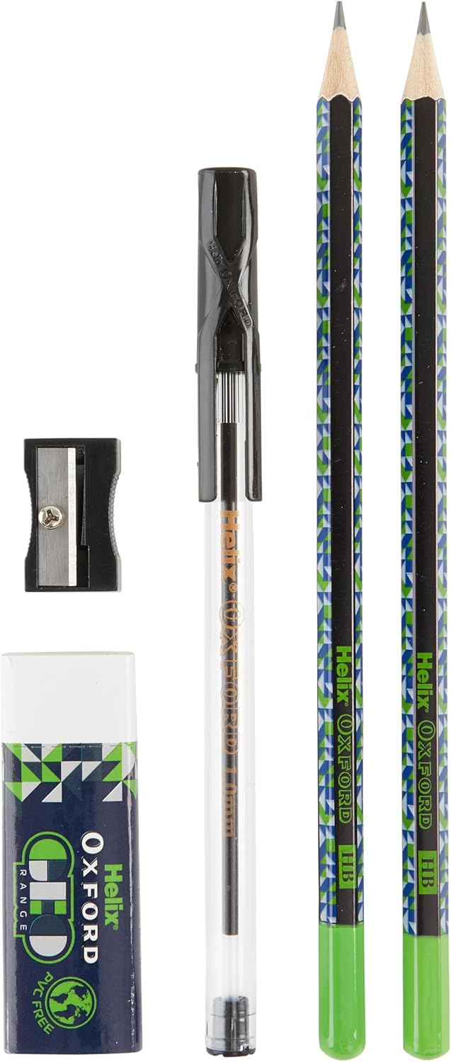 Oxford Helix Oxford Geo student set with blue and green math tools, including rulers, protractor, and compasses for school essentials.