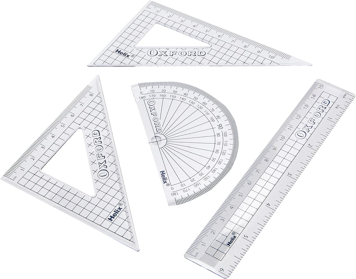 Oxford 15cm drafting set with math tools including rulers, compasses, and protractor for technical drawing and drafting projects.