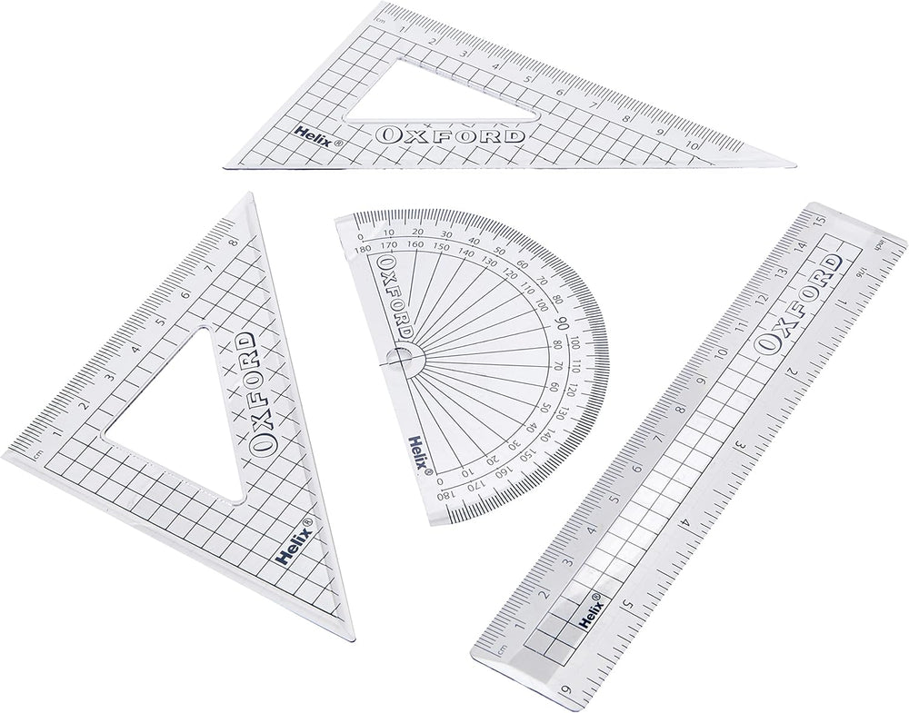 Oxford 15cm drafting set with math tools including rulers, compasses, and protractor for technical drawing and drafting projects.