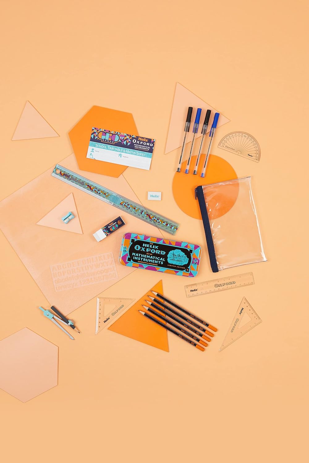 Oxford Geo Bulk Pack Orange math sets, including rulers, compasses, and protractors, for geometric drawing and measurements.