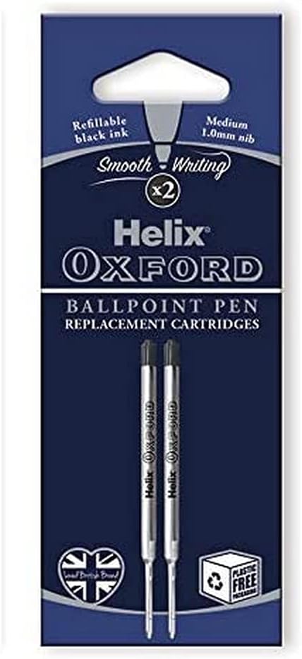 Pack of two Oxford Helix Oxford ballpoint pen refills with black ink, designed for smooth writing and easy replacement.