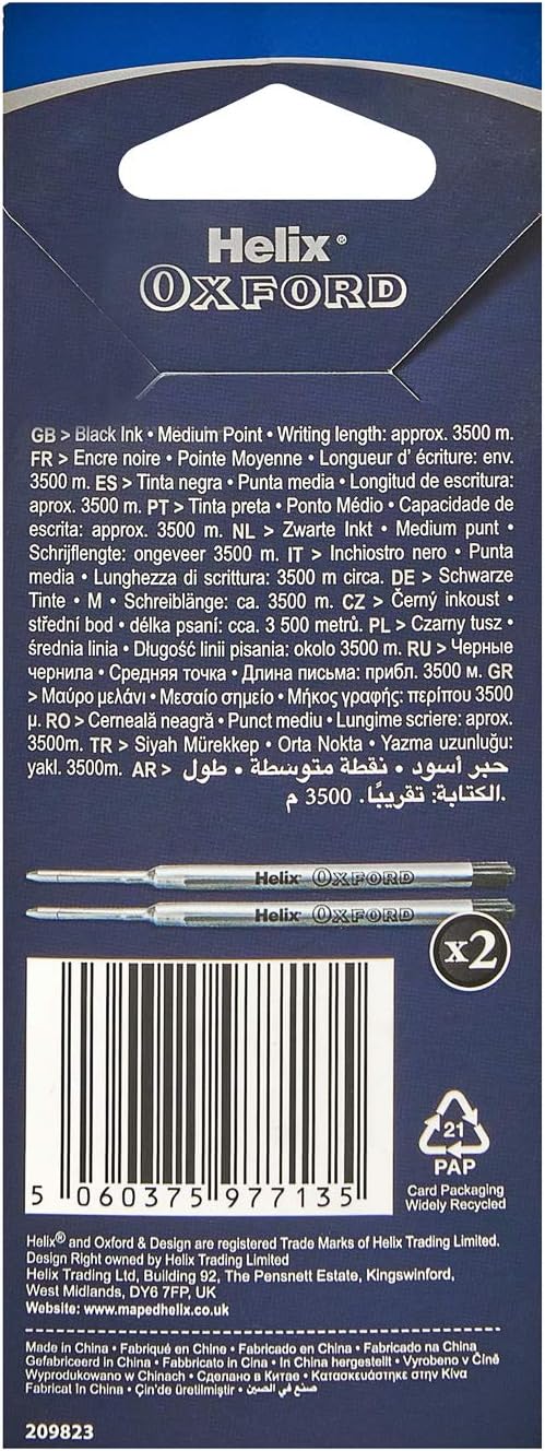 Pack of two Oxford Helix ballpoint pen refills with black ink, suitable for use in compatible pens.
