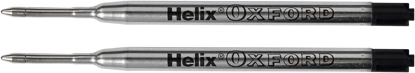 Two black ink Oxford Helix Oxford ballpoint pen refills for pens, showing the refill tips and packaging.