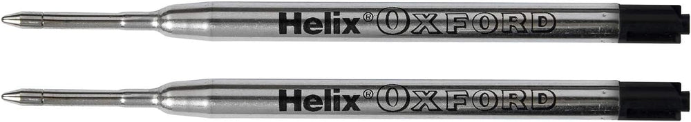 Two black ink Oxford Helix Oxford ballpoint pen refills for pens, showing the refill tips and packaging.