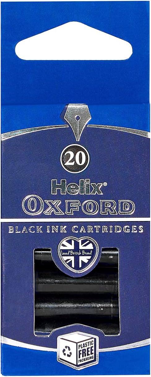 Pack of 20 Oxford Helix black ink cartridges for pens, suitable for refilling and writing smoothly.