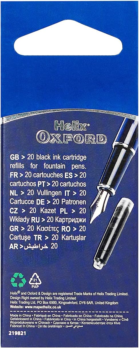 Oxford Helix black ink pen refills, pack of 20, for use with compatible pens and ink cartridges.