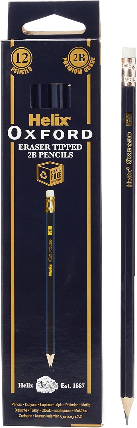 Pack of 12 Oxford Helix 2B Grade Graphite Pencils with eraser tips, ideal for writing and sketching.