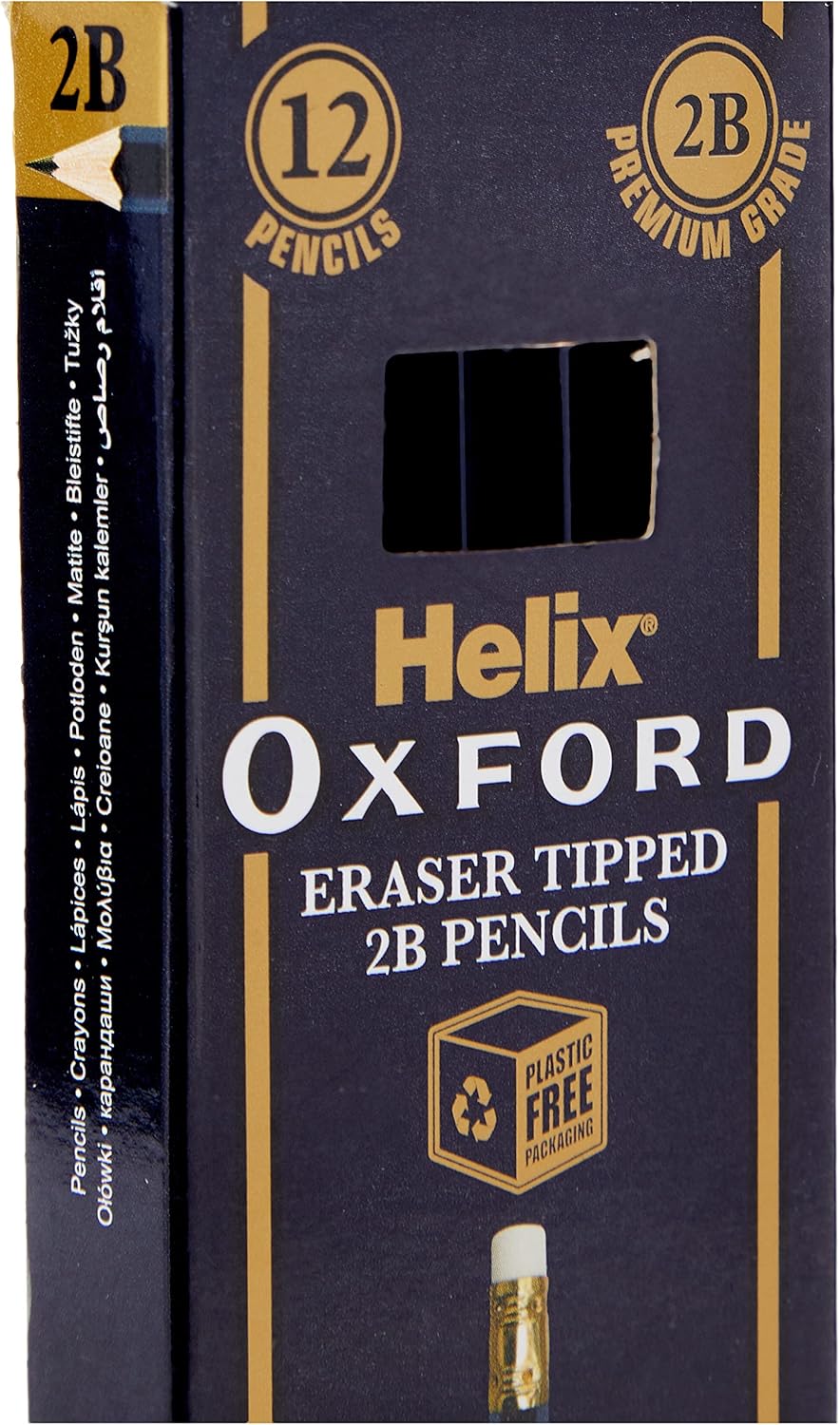 Pack of 12 Oxford Helix 2B Grade Graphite Pencils with eraser tips, ideal for writing and sketching.