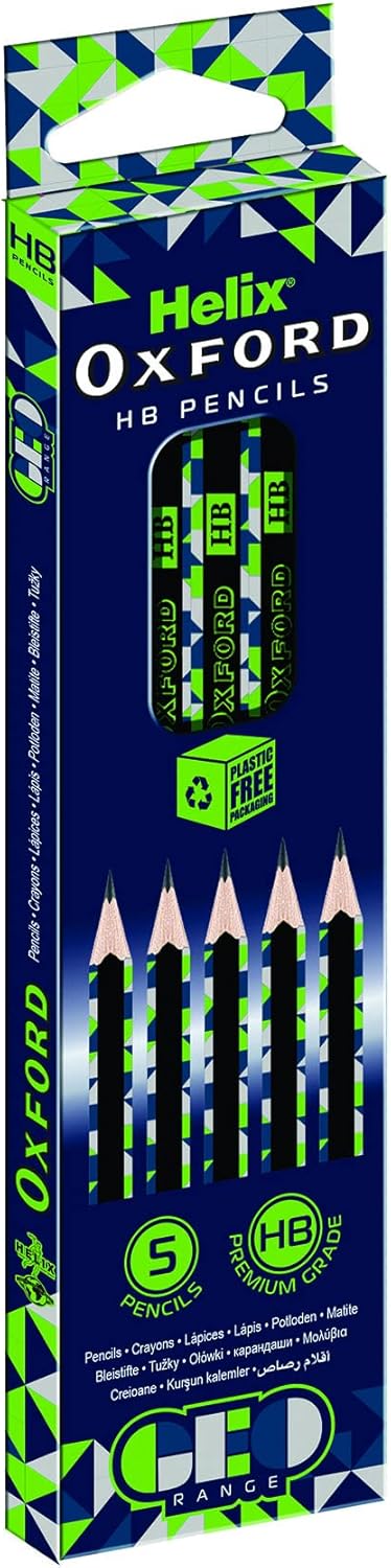 Set of five green Oxford Helix Oxford Geo HB pencils, featuring geometric design, ideal for writing and drawing.