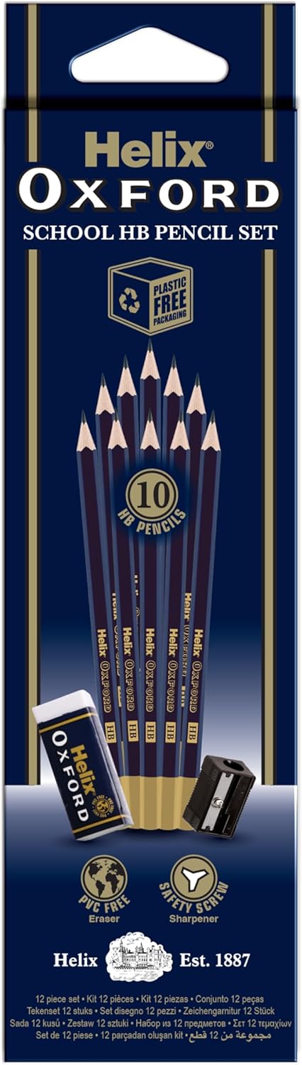 Oxford Helix Oxford X10 HB pencils with attached plastic sharpener and eraser, laid out on a plain surface.