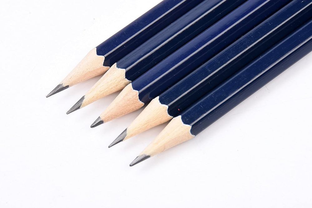 Set of Oxford Helix Oxford X10 HB pencils with plastic sharpener and eraser, displayed on a white background.