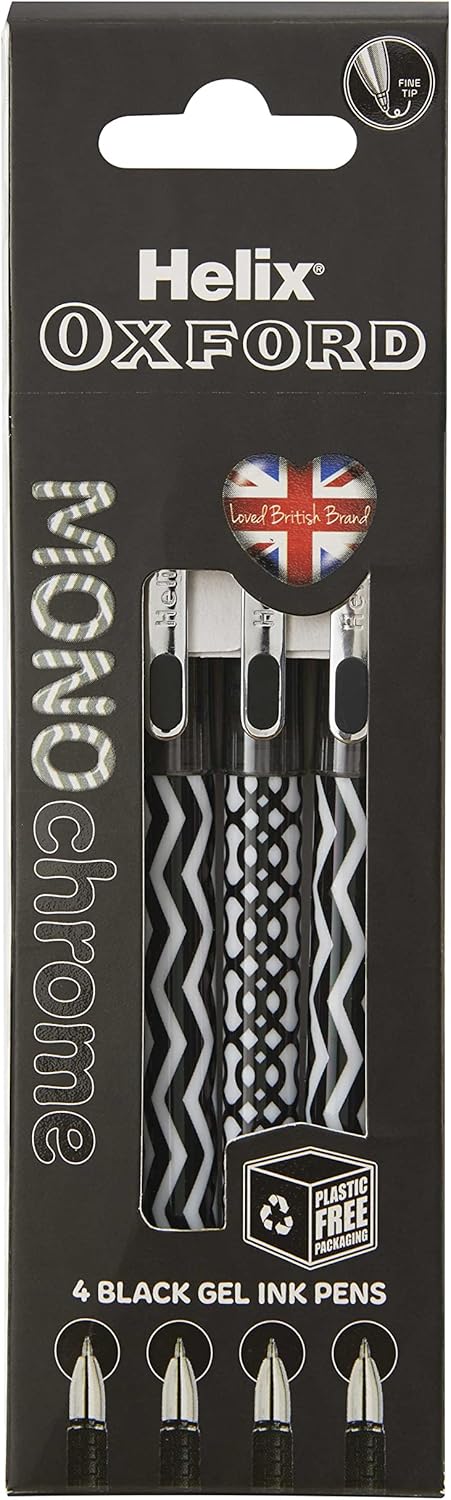 Set of four Oxford Helix Oxford Monochrome Gel Black Ink Pens, sleek black pens for smooth writing and detailed drawing.