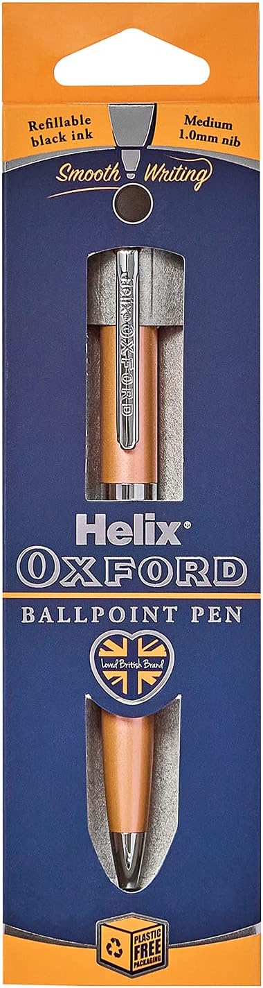 Oxford Helix Oxford Rose Gold Ballpoint Pen with blue ink, sleek design and metallic finish.