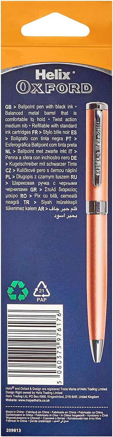 Oxford Helix Oxford ballpoint pen with rose gold finish and blue ink, featuring a sleek, modern design.