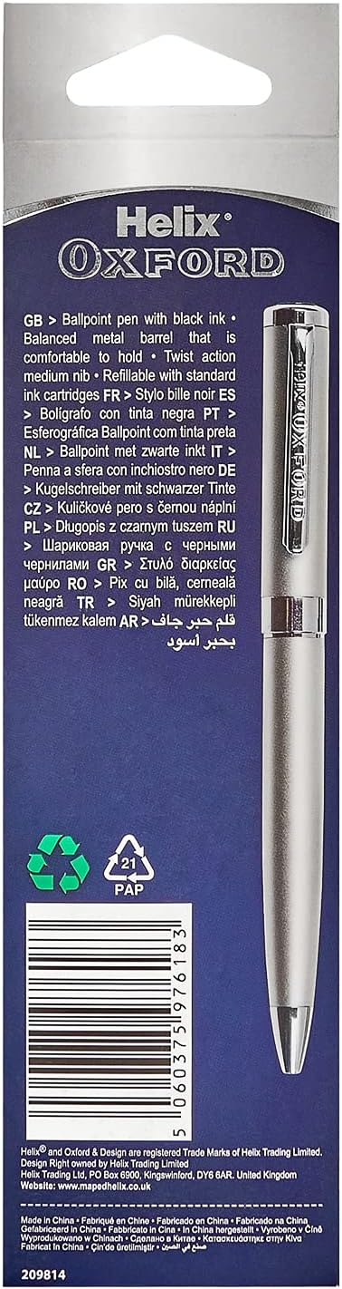 Oxford Helix Oxford stainless steel ballpoint pen with black ink, featuring a sleek design and comfortable grip.