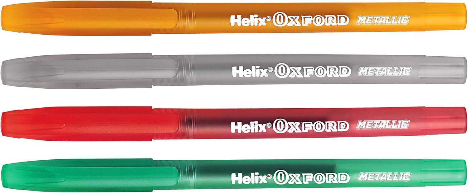 Set of four Oxford metallic pens featuring shiny, colorful ink barrels and silver accents for writing and drawing.