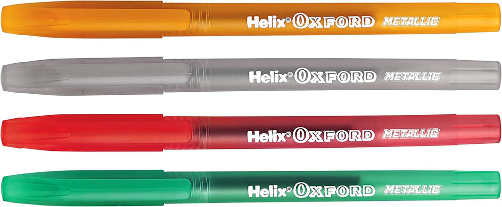 Set of four Oxford metallic pens featuring shiny, colorful ink barrels and silver accents for writing and drawing.