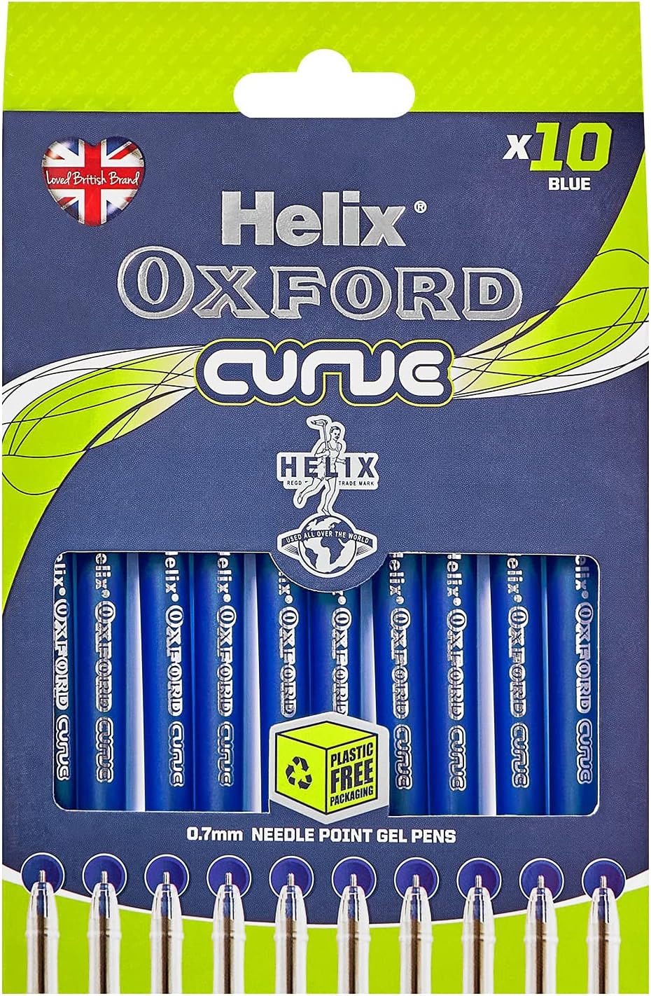 Set of 10 Oxford Writing Curve Pens in blue with sleek design, ideal for writing and note-taking.