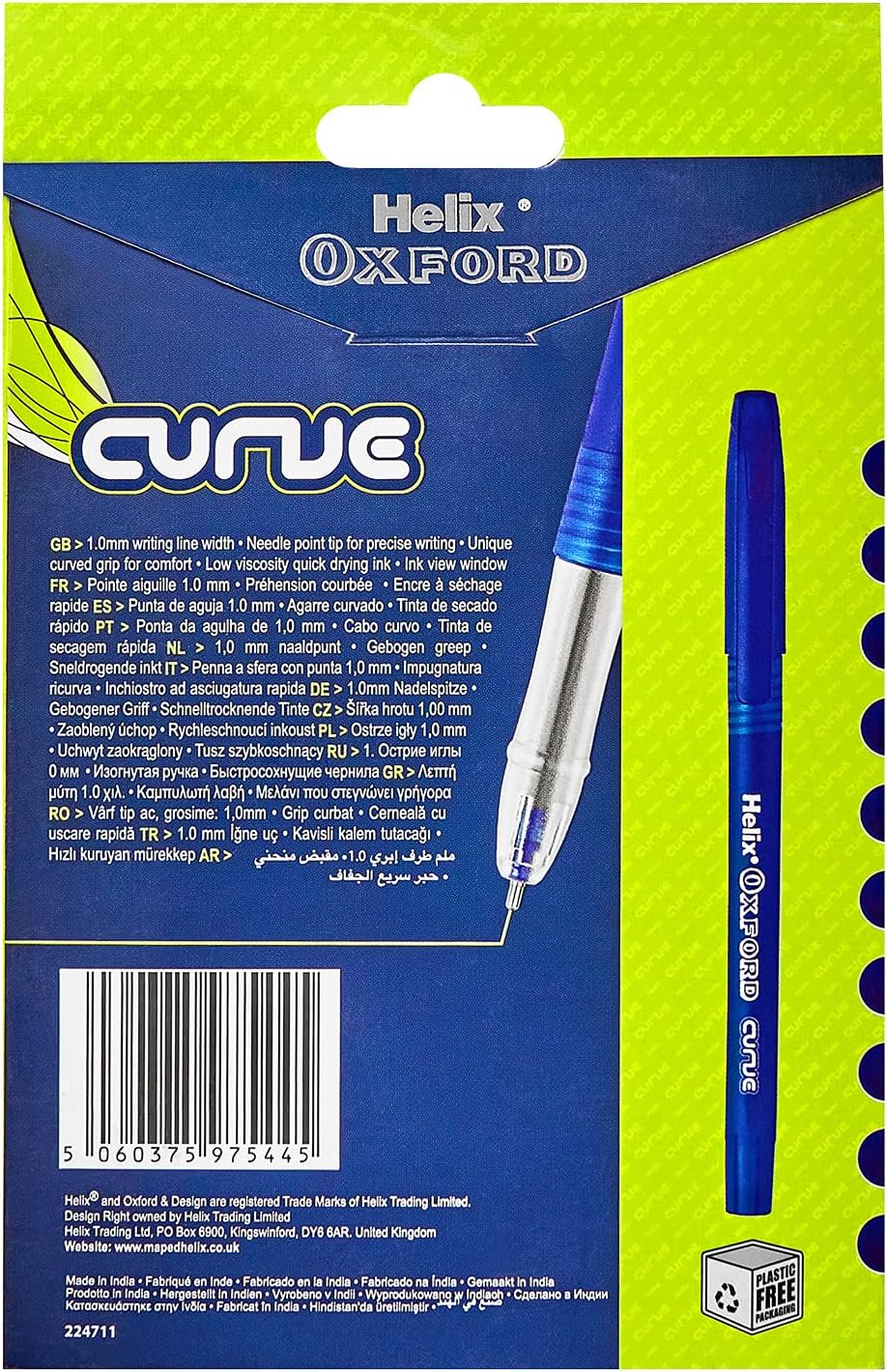 Set of 10 Oxford Writing Curve Pens in blue with smooth ink flow, ideal for everyday writing and office use.