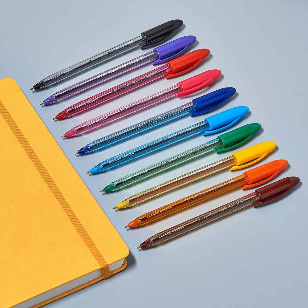 Set of 10 Oxford Writing Trigrip Pens in assorted colors, featuring ergonomic grips and smooth ink flow.