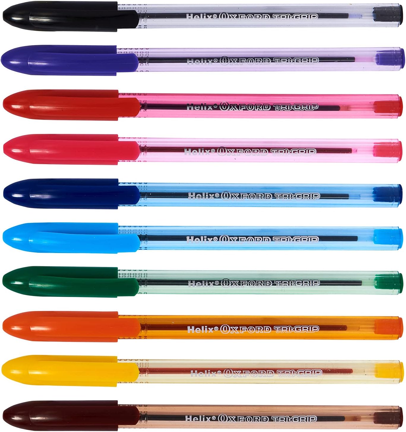 Set of 10 Oxford Writing Trigrip pens in assorted colors, featuring ergonomic grip and smooth ink flow for writing comfort.