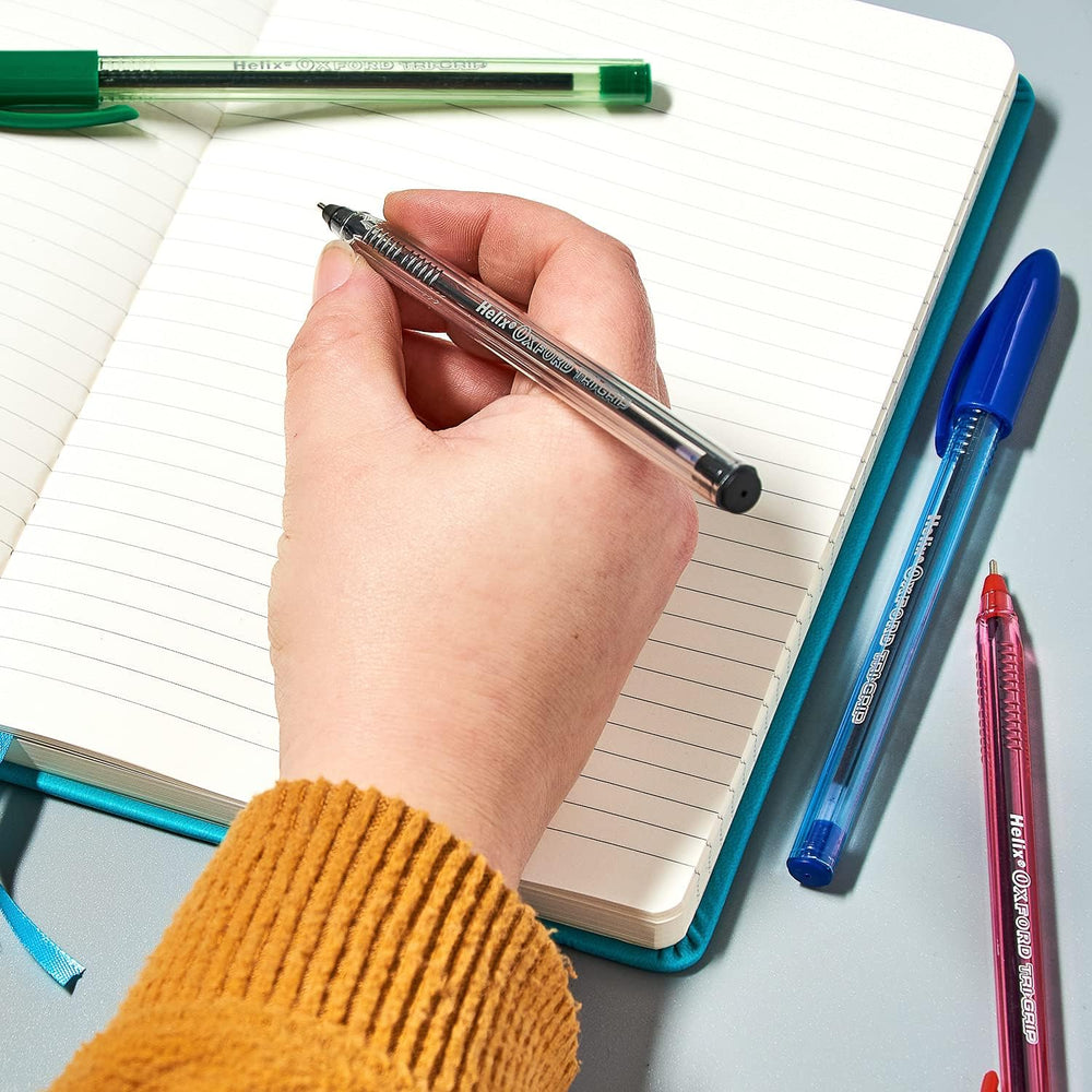 Set of 10 Oxford Writing Trigrip Pens in assorted colors with ergonomic grips and retractable tips for smooth writing.