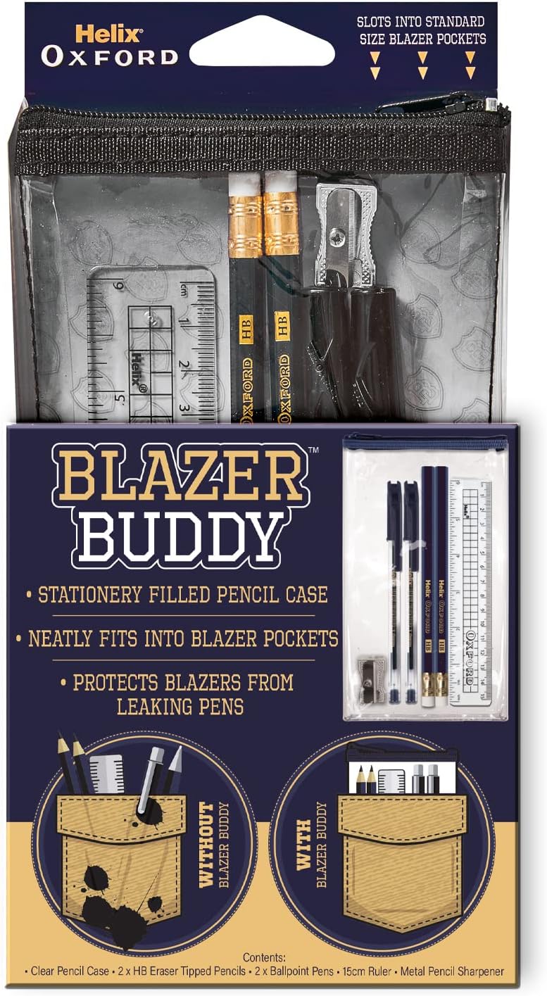 Oxford Buddy Essential Stationery Set with clear pencil case, compact size fits in school blazer pocket, includes pens, pencils, and accessories.