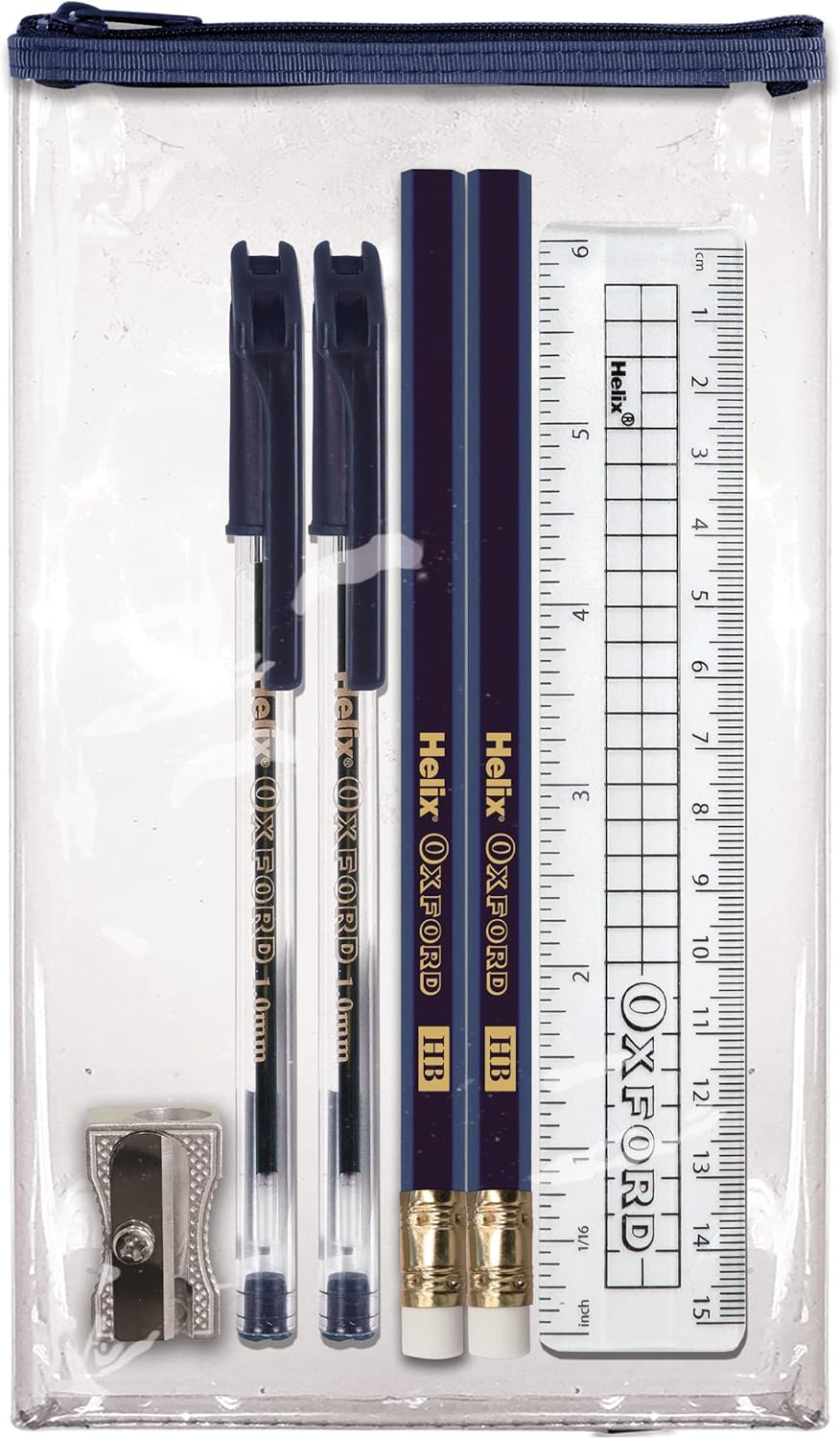 Oxford Buddy Essential Stationery Set with clear pencil case, includes pens and stationery, fits in school blazer pocket.