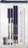 Oxford Buddy Essential Stationery Set with clear pencil case, includes pens and stationery, fits in school blazer pocket.
