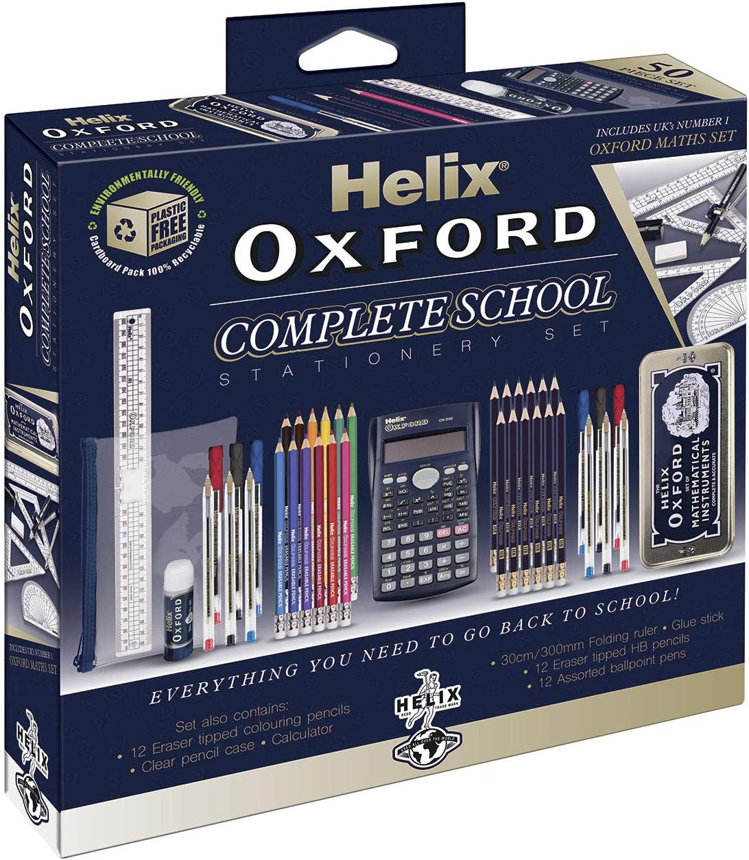 Oxford Helix Oxford Complete Back to School Stationery Set with colorful pens, notebooks, and school supplies arranged on a table.