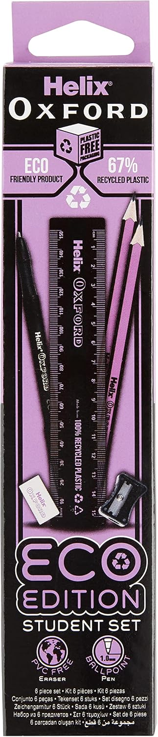 Pink Helix Oxford Eco Student Stationery Set with pens, pencils, and accessories displayed on a clean surface.