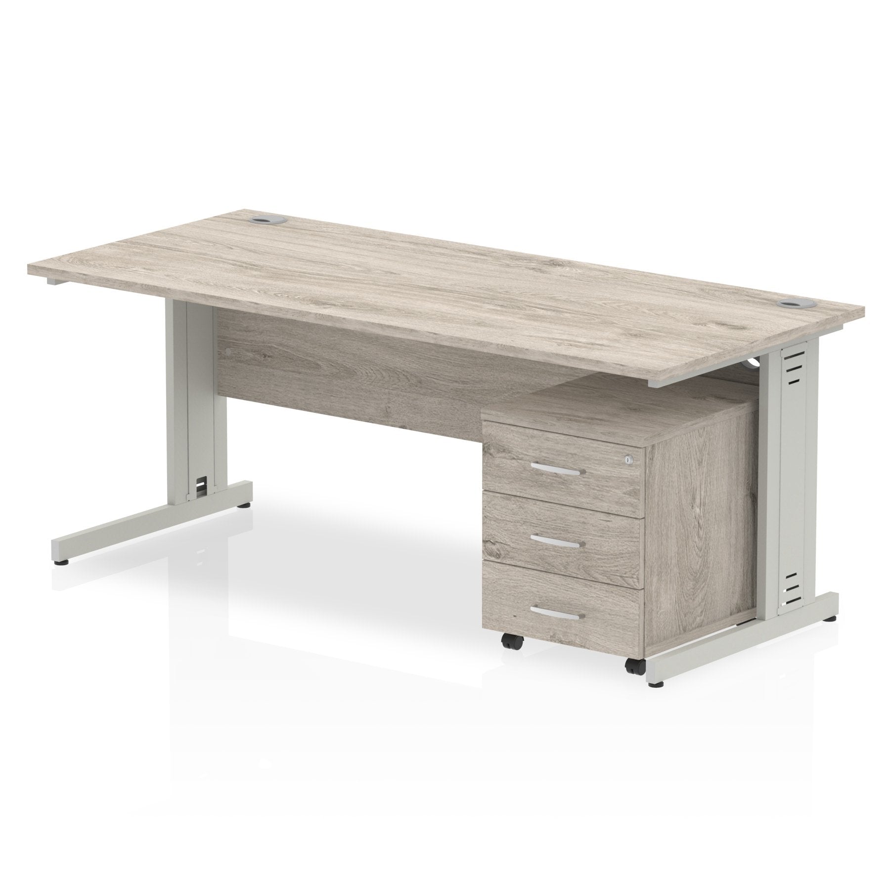 Dynamic Impulse 1800mm x 800mm Straight Desk Grey Oak Top Silver Cable Managed Leg with 3 Drawer Mobile Pedestal I003217 DD