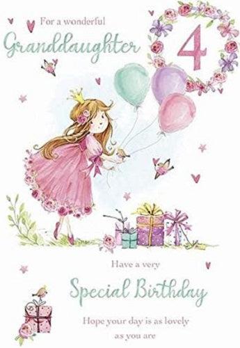Large Paper Rose birthday greeting card featuring colorful balloons, a girl, and jelly beans for a 4th granddaughter’s birthday.