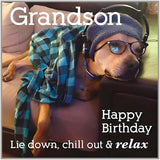 Funny birthday card for men and boys from Paper Rose featuring a dog relaxing on a sofa, eco-friendly greeting card design.