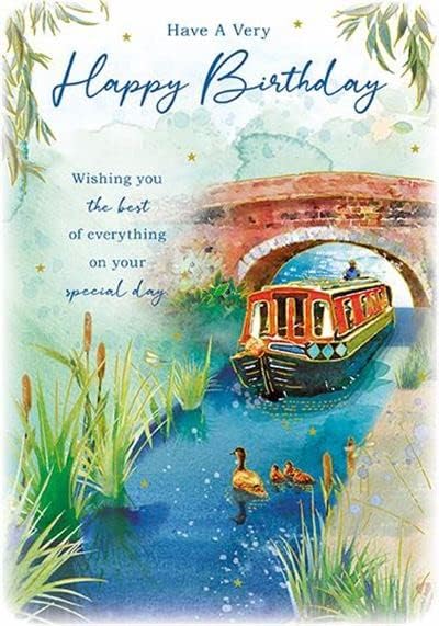 Paper Rose male birthday greeting card featuring a canal scene with a barge and ducks, gold foil finish, eco-friendly design.