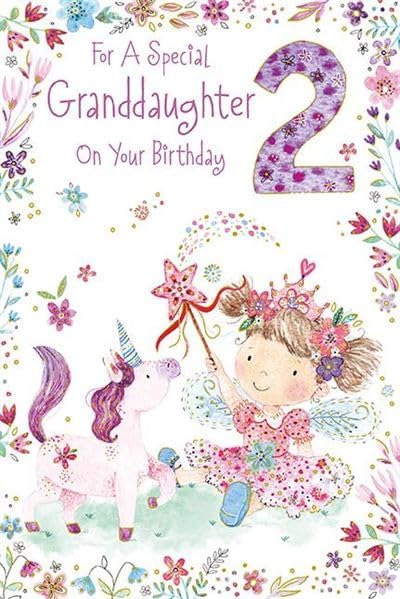 Paper Rose granddaughter 2nd birthday greeting card with fairy girl and unicorn design, celebrating age 2.